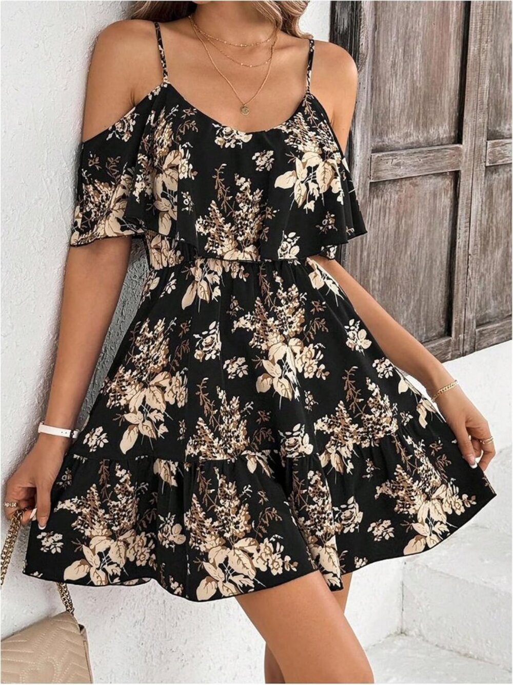 Women's Black Boho Floral Mini Dress Cold Shoulder Short Sleeve Ruffle Vacation - Picture 5 of 6